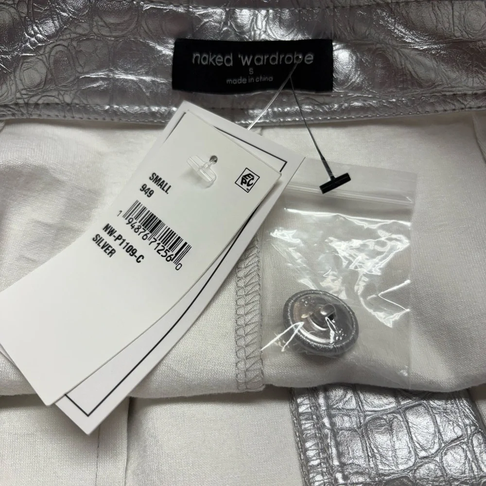 NAKED WARDROBE The Crocodile Faux Leather Joggers Metallic Silver Size Small NWT - Picture 11 of 13